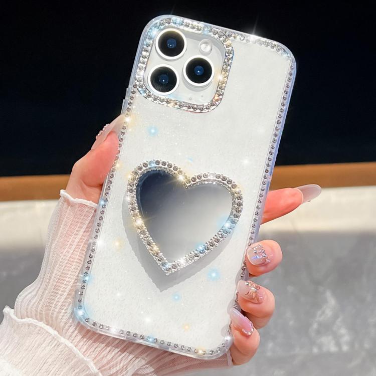 

For iPhone 13 Pro Diamond Glitter Mirror Heart Holder Phone Case(White)