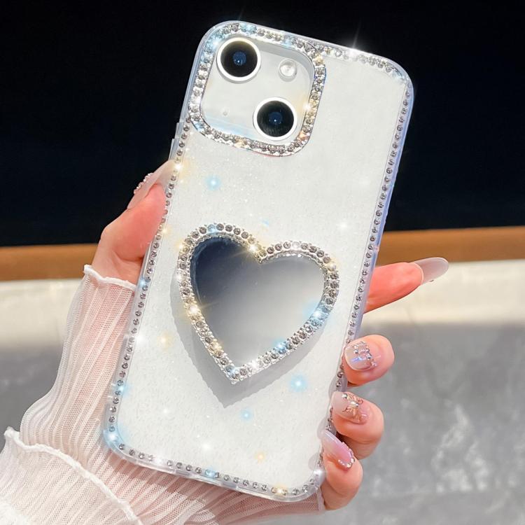 

For iPhone 13 Diamond Glitter Mirror Heart Holder Phone Case(White)