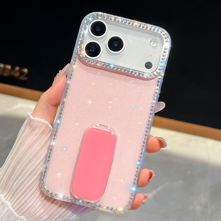 

For iPhone 17 Pro Max Rhinestone Glitter TPU 4-corners Anti-fall Phone Case with Holder(Light Pink)