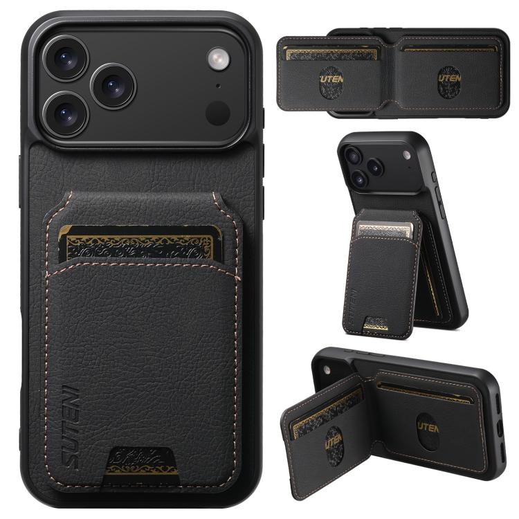 

For iPhone 17 Pro Max Suteni H02 Litchi Leather Card Wallet Stand Back Phone Case(Black)