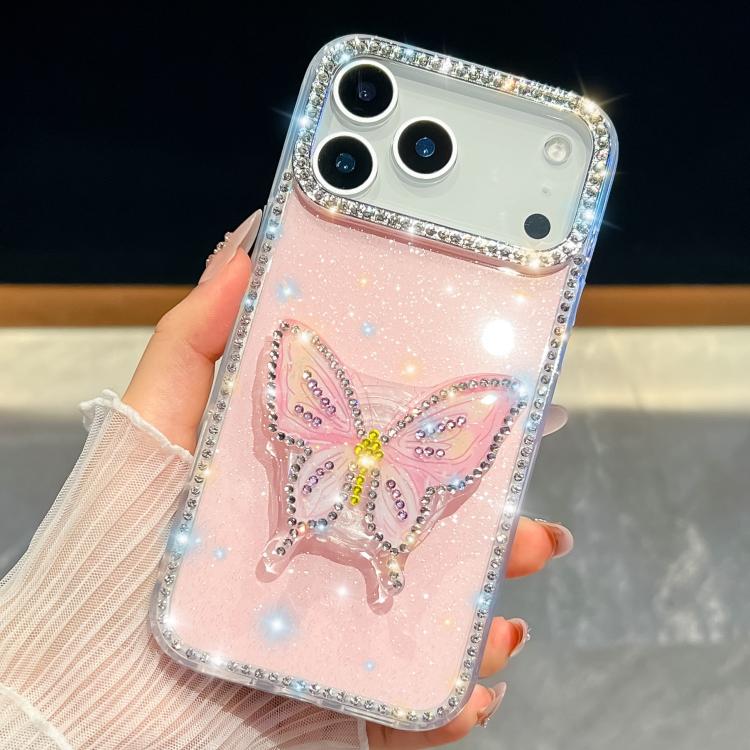 

For iPhone 17 Pro Max Diamond Glitter Butterfly Holder Phone Case(Light Pink)