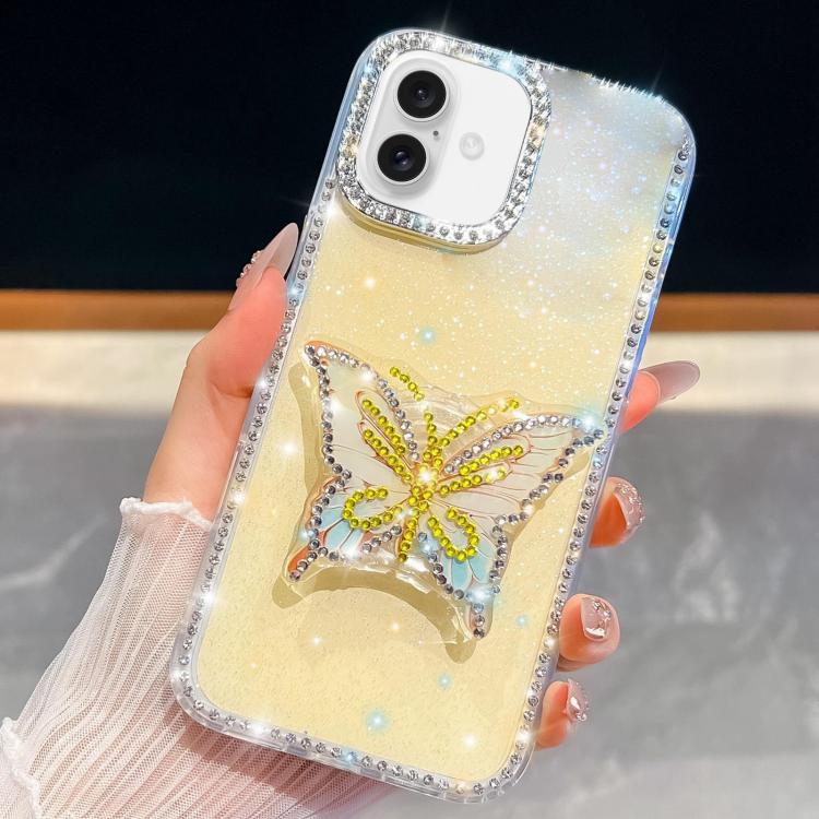 

For iPhone 17 Diamond Glitter Butterfly Holder Phone Case(Light Yellow)