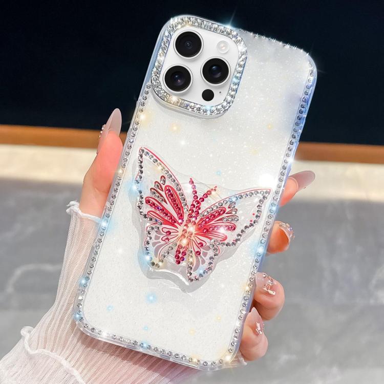 

For iPhone 16 Pro Max Diamond Glitter Butterfly Holder Phone Case(White)