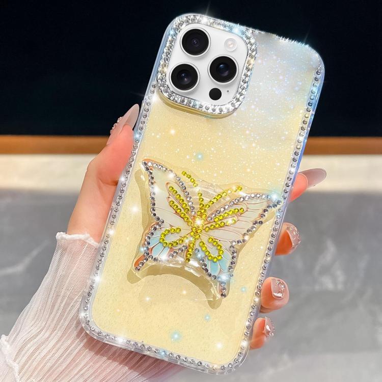 

For iPhone 16 Pro Diamond Glitter Butterfly Holder Phone Case(Light Yellow)