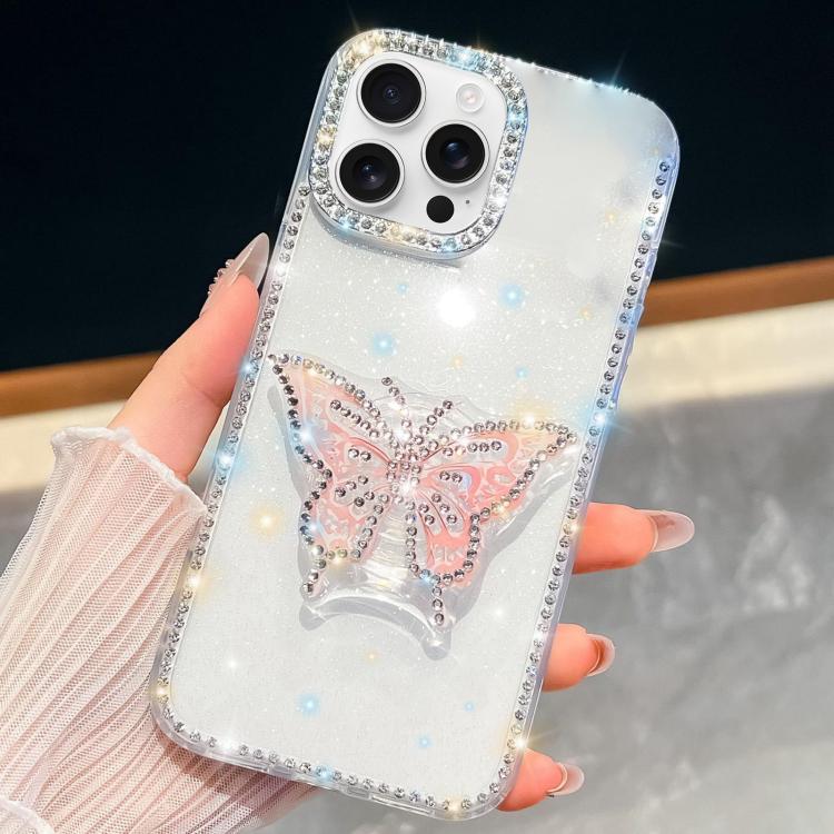 

For iPhone 16 Pro Diamond Glitter Butterfly Holder Phone Case(Transparent)