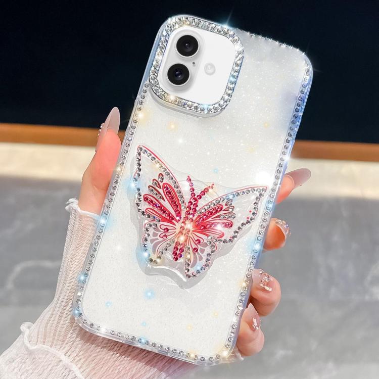 

For iPhone 16 Plus Diamond Glitter Butterfly Holder Phone Case(White)
