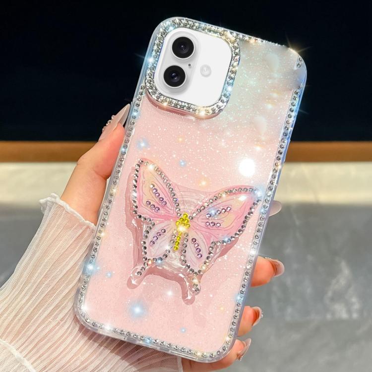 

For iPhone 16 Diamond Glitter Butterfly Holder Phone Case(Light Pink)