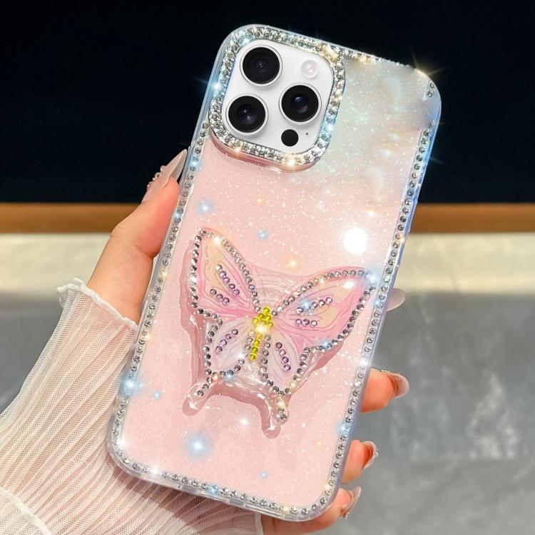 

For iPhone 15 Pro Diamond Glitter Butterfly Holder Phone Case(Light Pink)