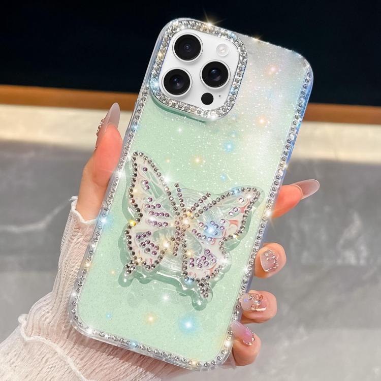 

For iPhone 15 Pro Diamond Glitter Butterfly Holder Phone Case(Light Green)