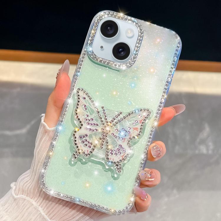 

For iPhone 15 Diamond Glitter Butterfly Holder Phone Case(Light Green)