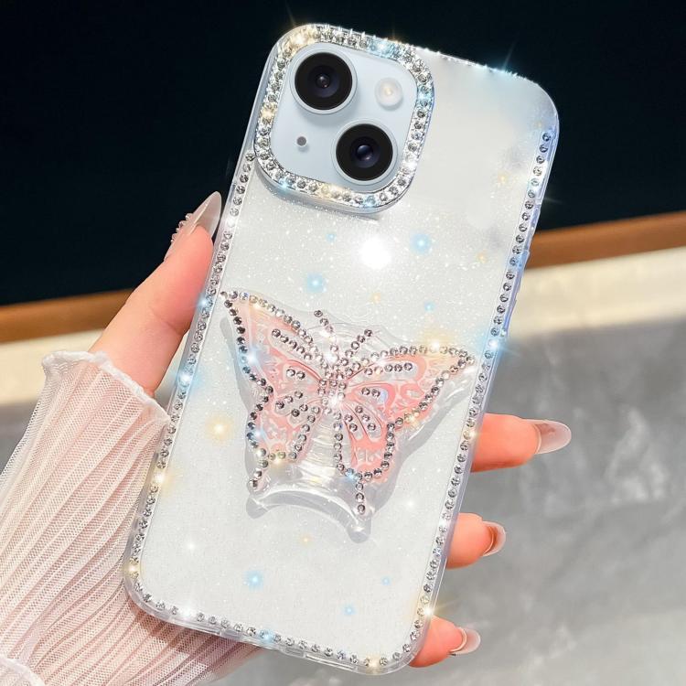 

For iPhone 15 Diamond Glitter Butterfly Holder Phone Case(Transparent)
