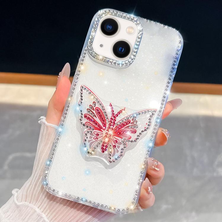 

For iPhone 14 Diamond Glitter Butterfly Holder Phone Case(White)