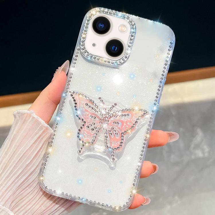 

For iPhone 14 Diamond Glitter Butterfly Holder Phone Case(Transparent)