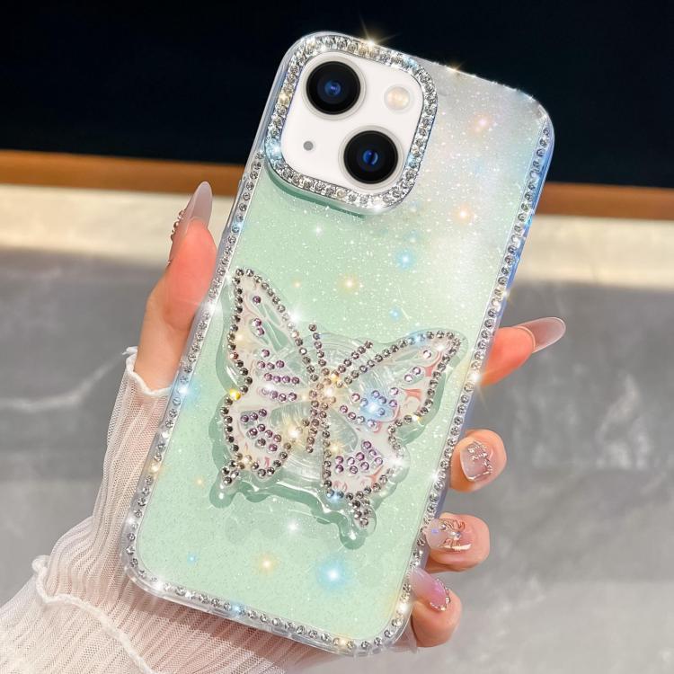 

For iPhone 13 Diamond Glitter Butterfly Holder Phone Case(Light Green)