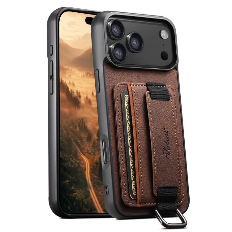 For iPhone 18 Pro Max Suteni H13 Litchi Leather Wrist Strap Wallet Back Phone Case(Brown)