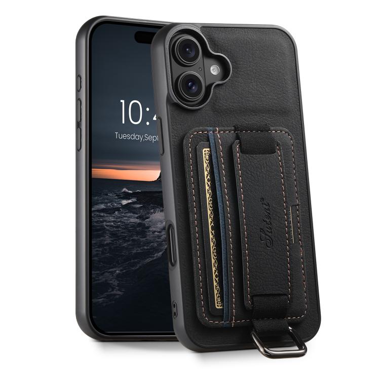For iPhone 18 Suteni H13 Litchi Leather Wrist Strap Wallet Back Phone Case(Black)