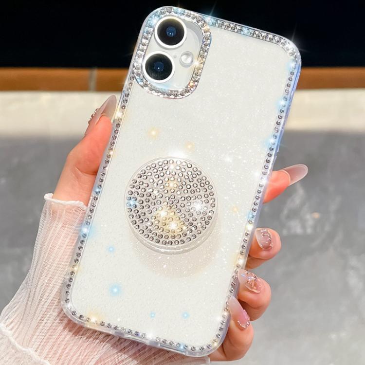

For iPhone 16 Plus Diamond Glitter Diamond Round Holder Phone Case(White)