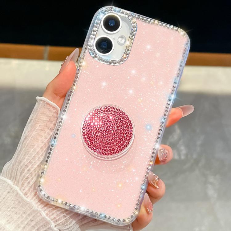 

For iPhone 16 Diamond Glitter Diamond Round Holder Phone Case(Light Pink)