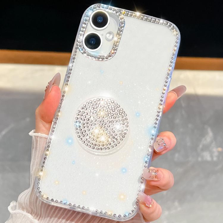 

For iPhone 16 Diamond Glitter Diamond Round Holder Phone Case(Transparent)