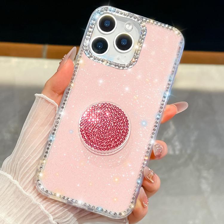 

For iPhone 15 Pro Max Diamond Glitter Diamond Round Holder Phone Case(Light Pink)
