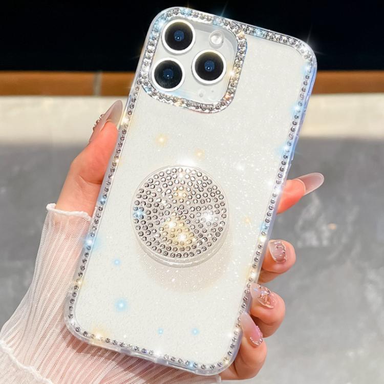 

For iPhone 15 Pro Max Diamond Glitter Diamond Round Holder Phone Case(White)