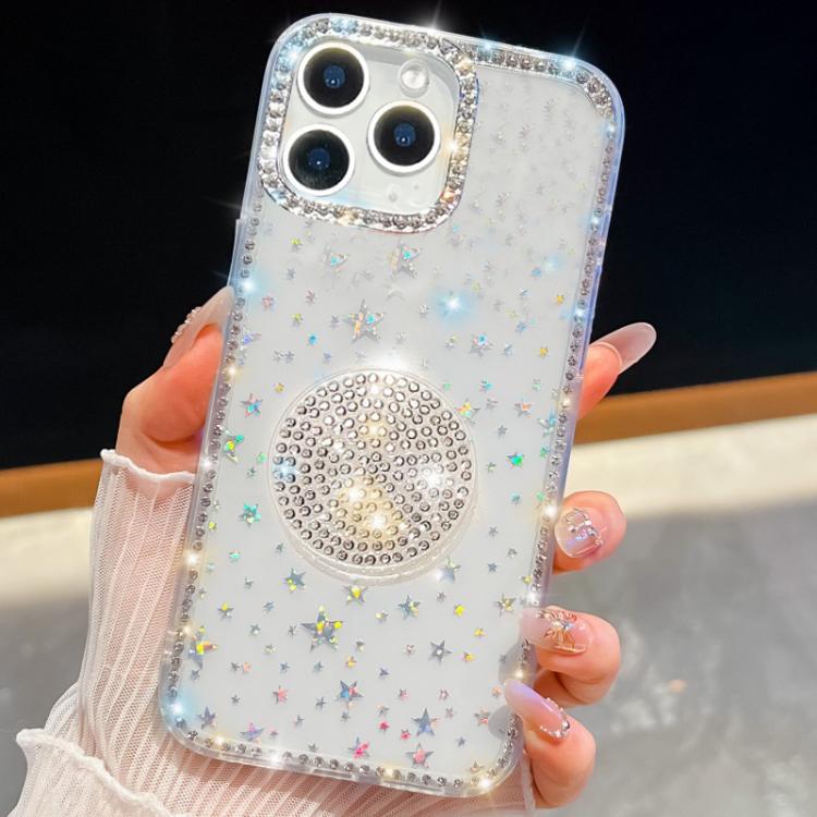 

For iPhone 15 Pro Diamond Glitter Diamond Round Holder Phone Case(Transparent Stars)