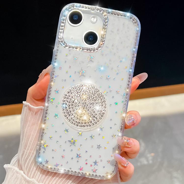 

For iPhone 15 Diamond Glitter Diamond Round Holder Phone Case(Transparent Stars)