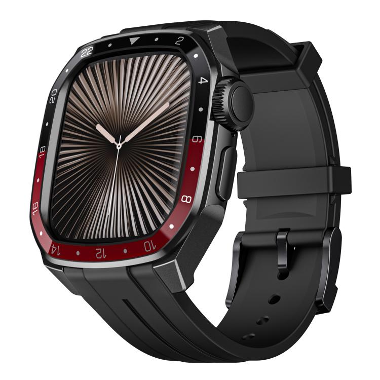 

For Apple Watch Series 10 46mm Scale Model Integrated Metal Frame Silicone Watch Band(Black Frame Black Red Dial)