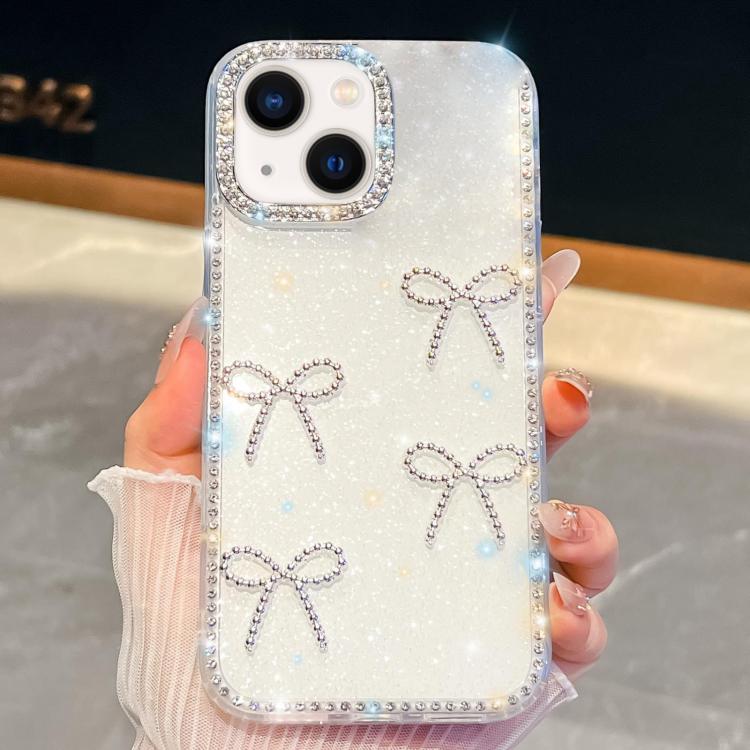 

For iPhone 13 Diamond Glitter Bow-knot Four-Corner Shockproof Phone Case(White)