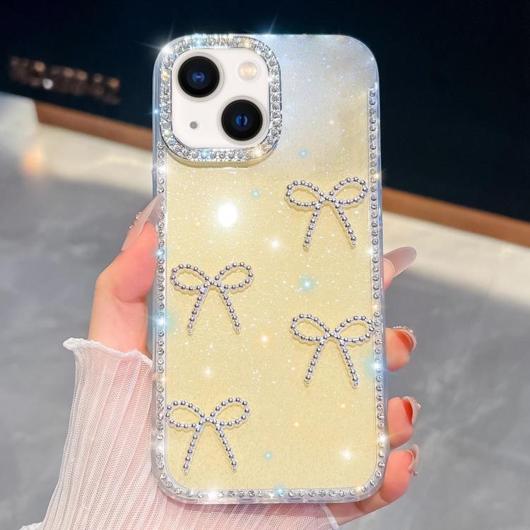 

For iPhone 14 Diamond Glitter Bow-knot Four-Corner Shockproof Phone Case(Light Yellow)