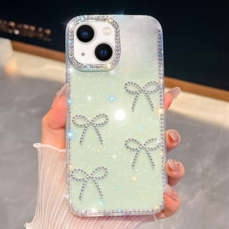 

For iPhone 14 Diamond Glitter Bow-knot Four-Corner Shockproof Phone Case(Light Green)