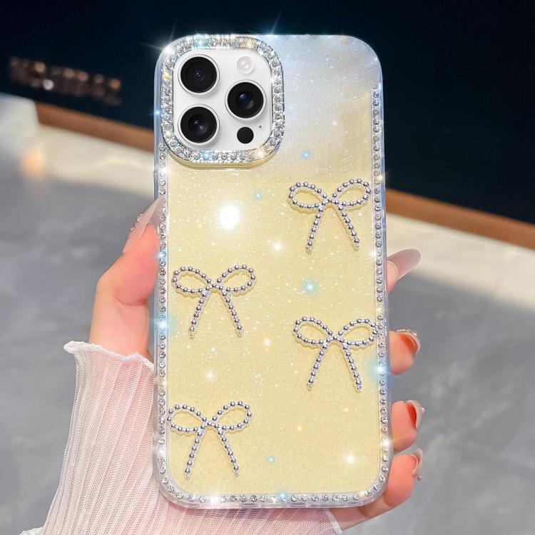 

For iPhone 14 Pro Max Diamond Glitter Bow-knot Four-Corner Shockproof Phone Case(Light Yellow)