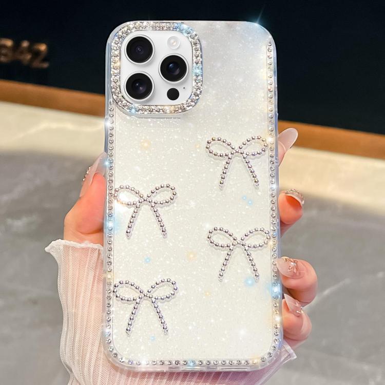 

For iPhone 14 Pro Max Diamond Glitter Bow-knot Four-Corner Shockproof Phone Case(White)