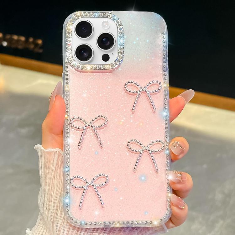 For iPhone 15 Pro Diamond Glitter Bow-knot Four-Corner Shockproof Phone Case(Light Pink)