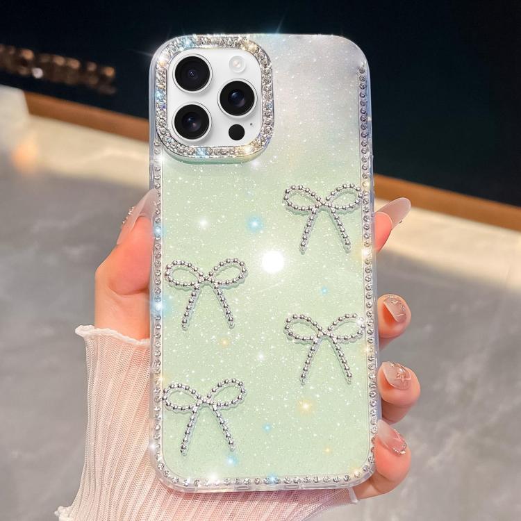 

For iPhone 15 Pro Max Diamond Glitter Bow-knot Four-Corner Shockproof Phone Case(Light Green)