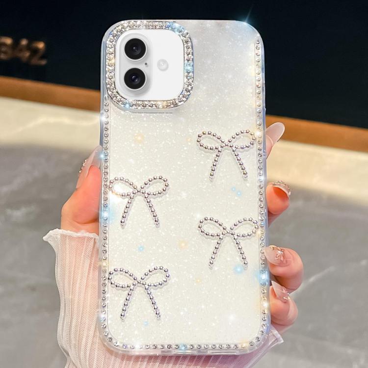 

For iPhone 16 Diamond Glitter Bow-knot Four-Corner Shockproof Phone Case(White)