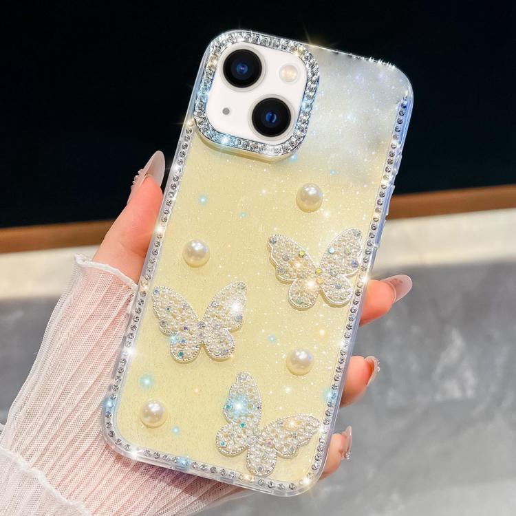

For iPhone 13 Diamond Glitter Pearl Butterfly Four-Corner Shockproof Phone Case(Light Yellow)