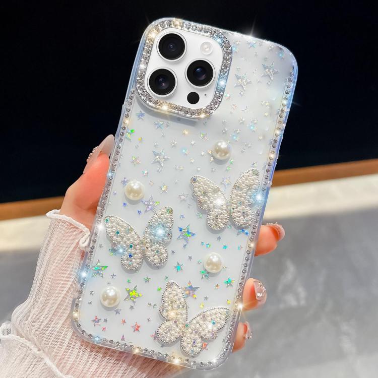 For iPhone 13 Pro Diamond Glitter Pearl Butterfly Four-Corner Shockproof Phone Case(Transparent Stars)