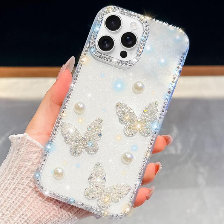 For iPhone 13 Pro Max Diamond Glitter Pearl Butterfly Four-Corner Shockproof Phone Case(Transparent)
