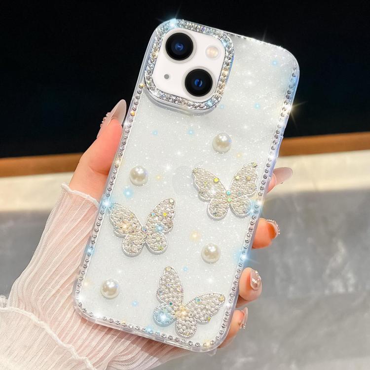 

For iPhone 14 Diamond Glitter Pearl Butterfly Four-Corner Shockproof Phone Case(White)