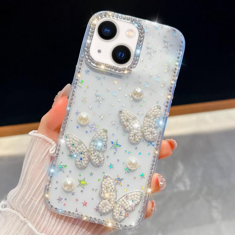 

For iPhone 14 Diamond Glitter Pearl Butterfly Four-Corner Shockproof Phone Case(Transparent Stars)