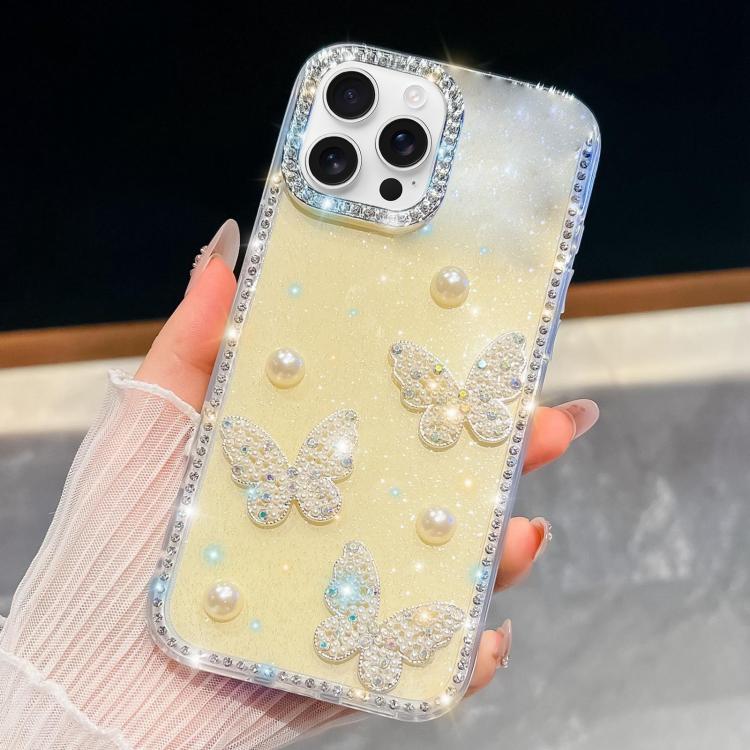 

For iPhone 14 Pro Max Diamond Glitter Pearl Butterfly Four-Corner Shockproof Phone Case(Light Yellow)