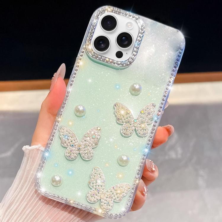 

For iPhone 15 Pro Diamond Glitter Pearl Butterfly Four-Corner Shockproof Phone Case(Light Green)