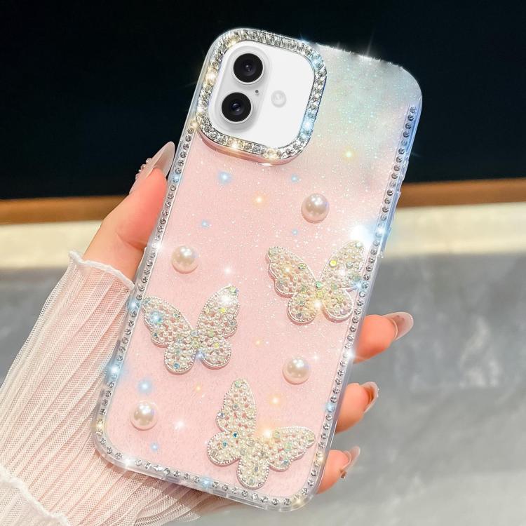 For iPhone 16 Diamond Glitter Pearl Butterfly Four-Corner Shockproof Phone Case(Light Pink)