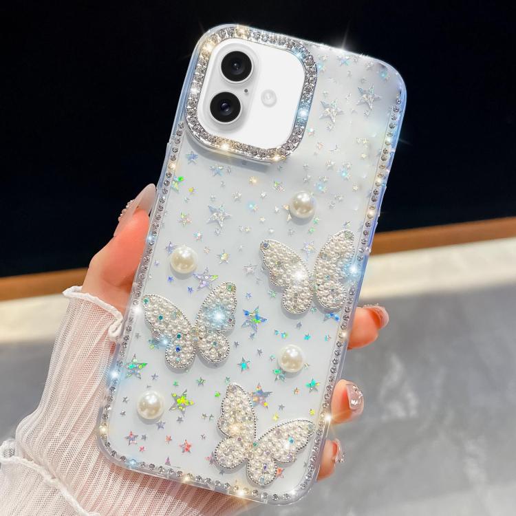 

For iPhone 16 Diamond Glitter Pearl Butterfly Four-Corner Shockproof Phone Case(Transparent Stars)