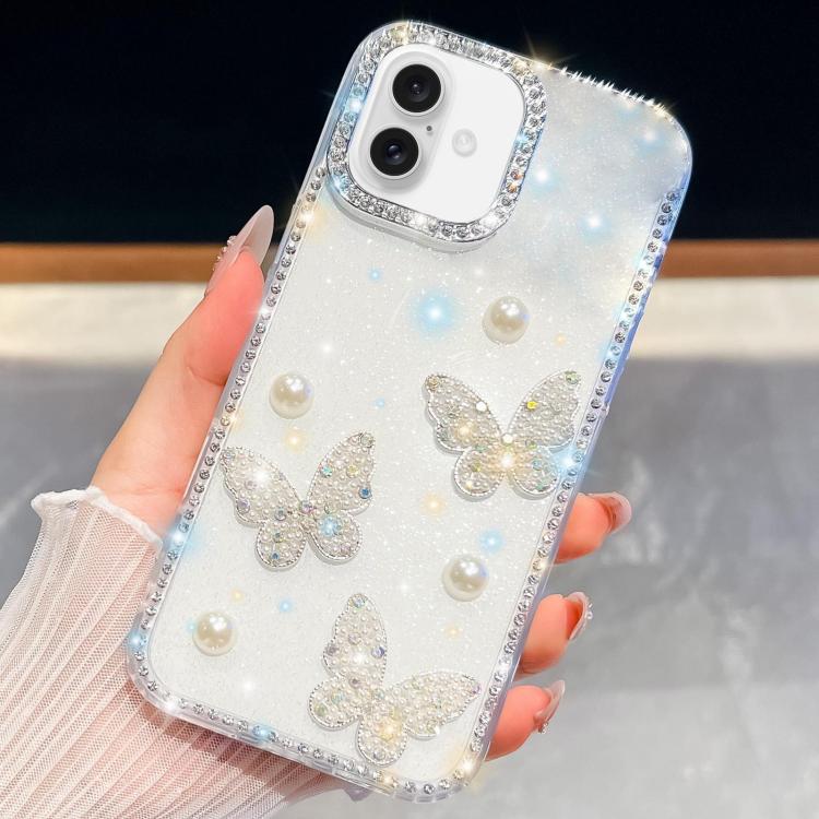 

For iPhone 16 Diamond Glitter Pearl Butterfly Four-Corner Shockproof Phone Case(Transparent)