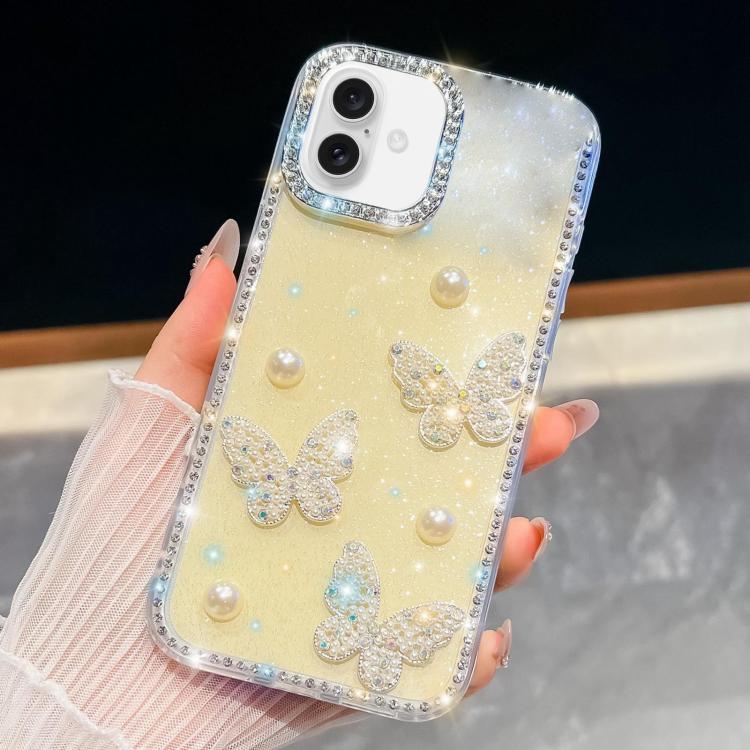 

For iPhone 16 Plus Diamond Glitter Pearl Butterfly Four-Corner Shockproof Phone Case(Light Yellow)