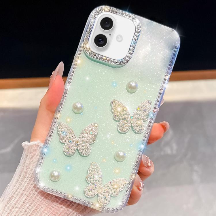 

For iPhone 16 Plus Diamond Glitter Pearl Butterfly Four-Corner Shockproof Phone Case(Light Green)