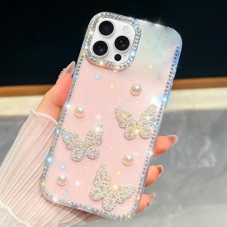 

For iPhone 16 Pro Diamond Glitter Pearl Butterfly Four-Corner Shockproof Phone Case(Light Pink)
