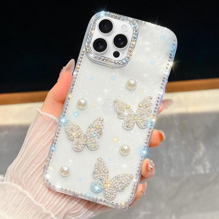 

For iPhone 16 Pro Diamond Glitter Pearl Butterfly Four-Corner Shockproof Phone Case(White)